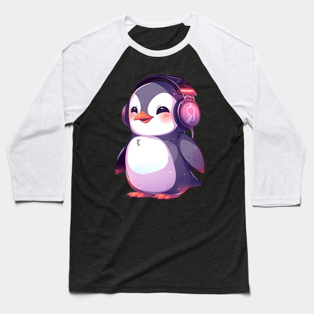 Happy Penguin With Headphones Baseball T-Shirt by pako-valor
